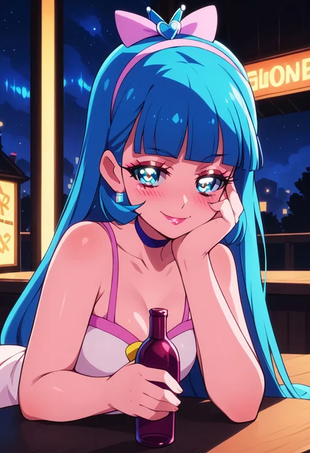 Expressiveh, score_9, score_8_up, score_7_up, score_6_up, score_5_up, score_4_up, godrays, 1girl, pose, smile, looking at viewer, hotel bar, neon, color lights, dim, night, (bent over table), face focus, sexy, ((holding a bottle of wine)), drunk, (glittering pastel clothing, glossy sparkling fabric) makeup, long eyelashes, glossy lipstick, (soft blush), eyeshadow, hand on the cheek
(((cure nyammy, wonderful precure!))),