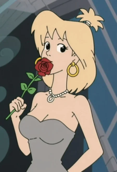 woman, tiffany, kangoo,1girl, jewelry, flower, solo, earrings, blonde hair, dress, necklace, breasts, rose, flower in mouth, red flower, looking at viewer, strapless dress, holding, strapless, upper body, grey dress, petals, medium hair, red rose, mouth hold, holding flower, medium breasts, bare shoulders, black eyes