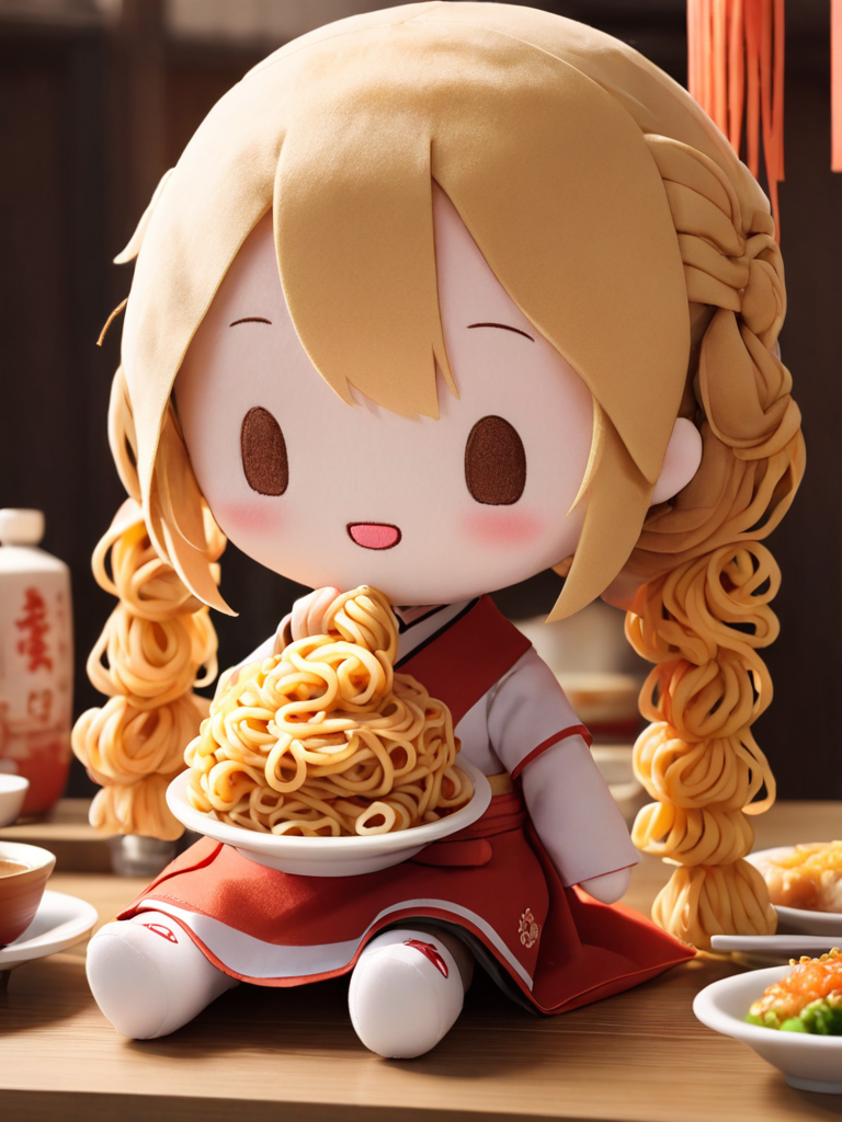 fu1fu,fufu,character doll,chibi.having noodles,chinese traditional restaurant,.masterpiece,best quality,highres,delicate details,
<lora:fufu_xl:1>,
