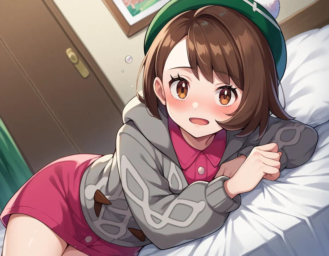 score_9, score_8_up, score_7_up, source_anime,
pokemongloria, <lora:pokemon-gloria-ponyxl-lora-nochekaiser:1>
pokemongloria, brown eyes, brown hair, medium hair,
cardigan, dress, green headwear, grey cardigan, hood, hood down, hooded cardigan, long sleeves, pink dress, short dress,
indoors, bed, bed room, on side, blush, drunk,
looking at viewer, cowboy shot, dutch angle,