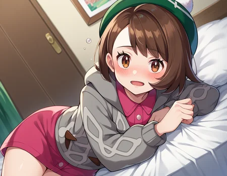 score_9, score_8_up, score_7_up, source_anime,
pokemongloria, <lora:pokemon-gloria-ponyxl-lora-nochekaiser:1>
pokemongloria, brown eyes, brown hair, medium hair,
cardigan, dress, green headwear, grey cardigan, hood, hood down, hooded cardigan, long sleeves, pink dress, short dress,
indoors, bed, bed room, on side, blush, drunk,
looking at viewer, cowboy shot, dutch angle,