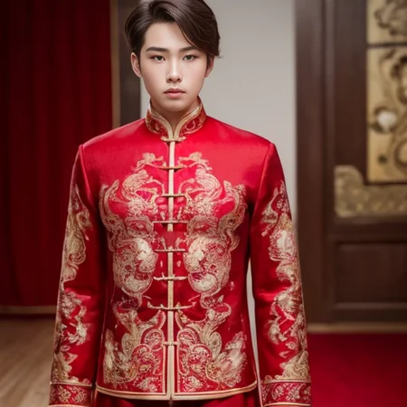 (8k, RAW photo, best quality, masterpiece:1.2), (realistic, photo-realistic:1.4), ultra-detailed, (young male internet celebrity),masculine style,perfect detail , make up,(full body:1.5),chinese style architecture,a dress with a red and gold pattern on it<lora:nzshs-10:0.7>