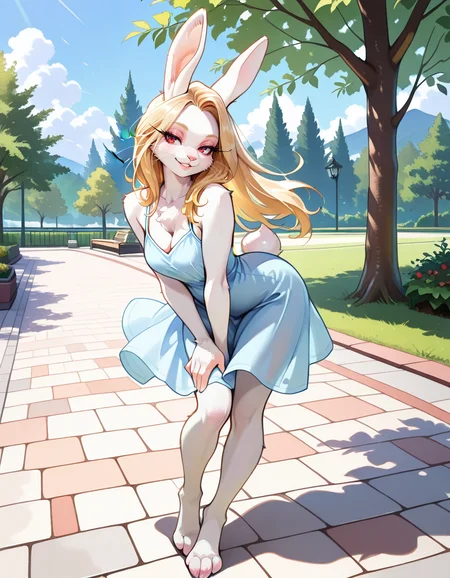 masterpiece, best quality, very aesthetic, absurdres,
outdoors, park,
sundress,
full body, seductive smile, parted lips, long eyelashes,
<lora:Marshmallow_v02_NAIXL:1>,Marshma110w,1girl,solo,furry female,rabbit girl,rabbit ears,blonde hair,long hair,red eyes,animal nose,whiskers,body fur,white fur,rabbit tail,animal feet,
