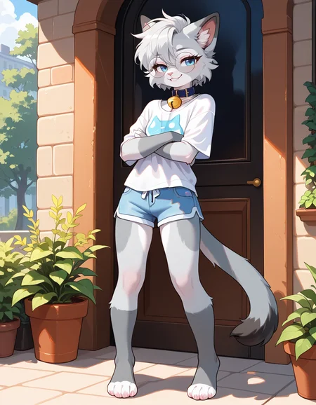 masterpiece, best quality, very aesthetic, absurdres,
outdoors, casual,
full body, posing,
seductive smile, parted lips, long eyelashes,
<lora:Nixuelle_v01_NAIXL:1>
Nixue11e,1girl,solo,furry,furry female, cat girl, cat ears, short hair, grey hair, blue eyes, round eyewear, snout, animal nose, collar, neck bell, body fur, two-tone fur, grey fur, white fur, cat tail,