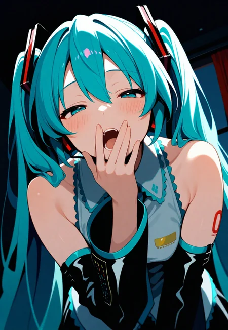 masterpiece, best quality, very aesthetic, 1girl, solo, hatsune miku, skirt, bare shoulders, number tattoo, teeth, lips, looking at viewer, half-closed eyes, (blush), open mouth, (covering own mouth), hand over own mouth, leaning forward, upper body, from below, three quarter view, dutch angle, dark, night, indoors, curtains, window