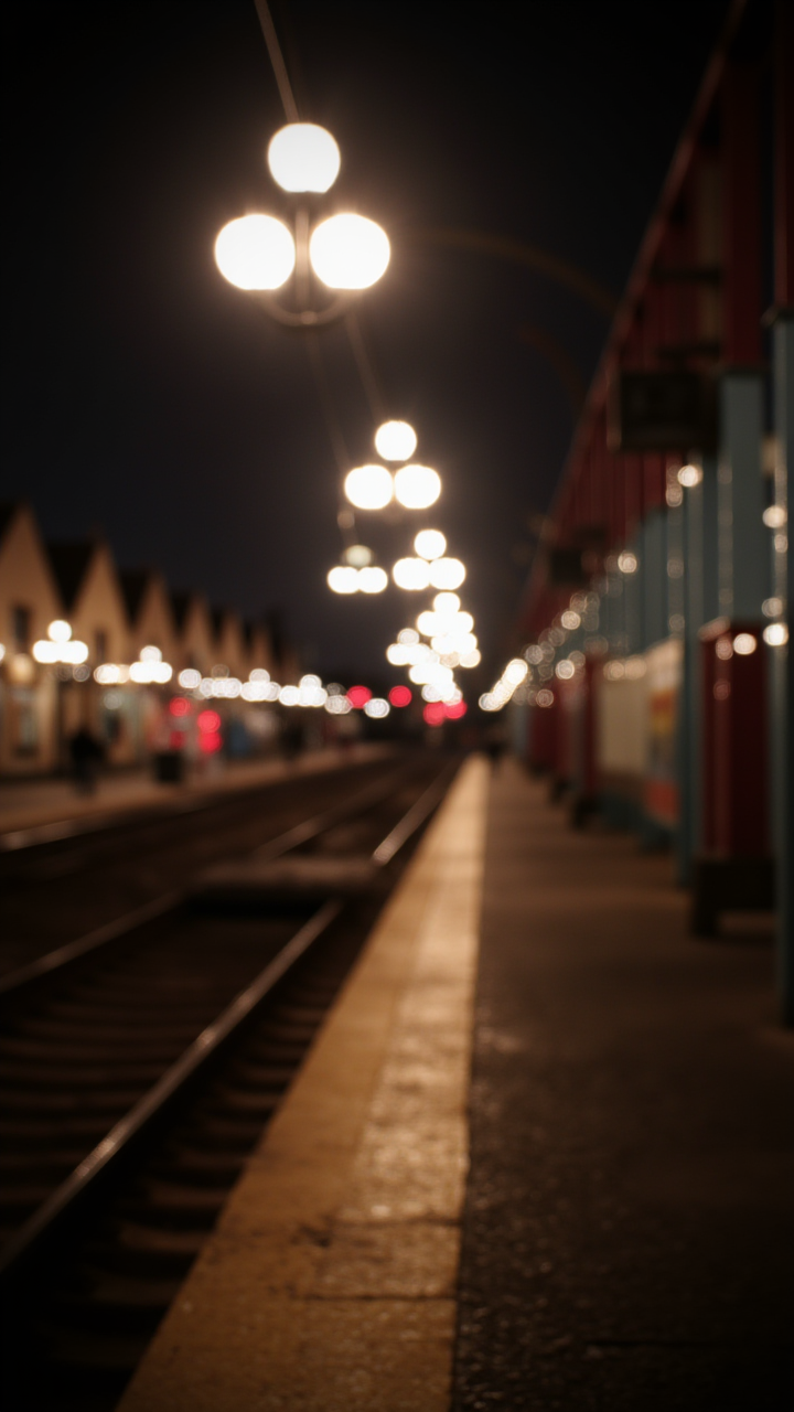photograph, knee level shot of a Wily Train station, Catholicpunk, Long exposure, compact camera, Depth of blossoms 270mm, Pointillism, bokehmachine
