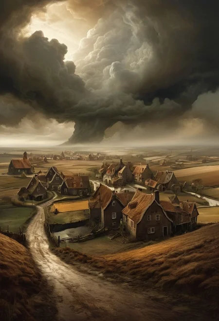 WhiteMold, 
A stormy rural village, painted in rich earth tones, but the clouds twist into surreal, painterly forms, creating a transition between grounded realism  and imaginative fantasy., rich Dutch Golden Age landscapes infused with surreal atmospheric dreamscapes, glowing mist and diffused light blending into structured, grand environments, deep perspective with luminous cinematic highlights, earthy natural tones with moody fantasy elements