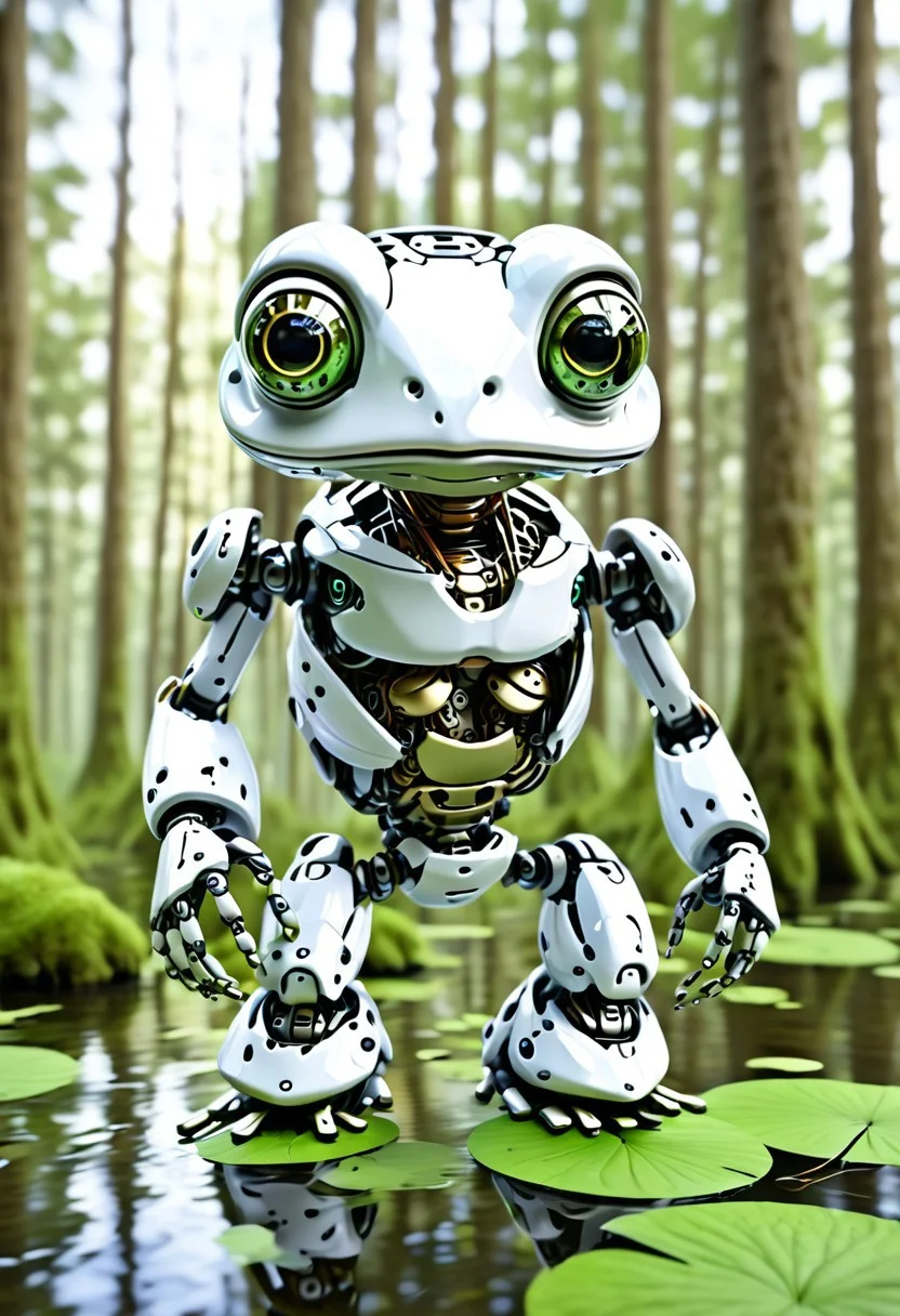 Cute Robot frog , Jed-Rbmls, masterpiece, intricate details, forest, swamp, focus blur, hd, 8k, high definition, BREAK, score_9, score_8_up, score_7_up, score_6_up,