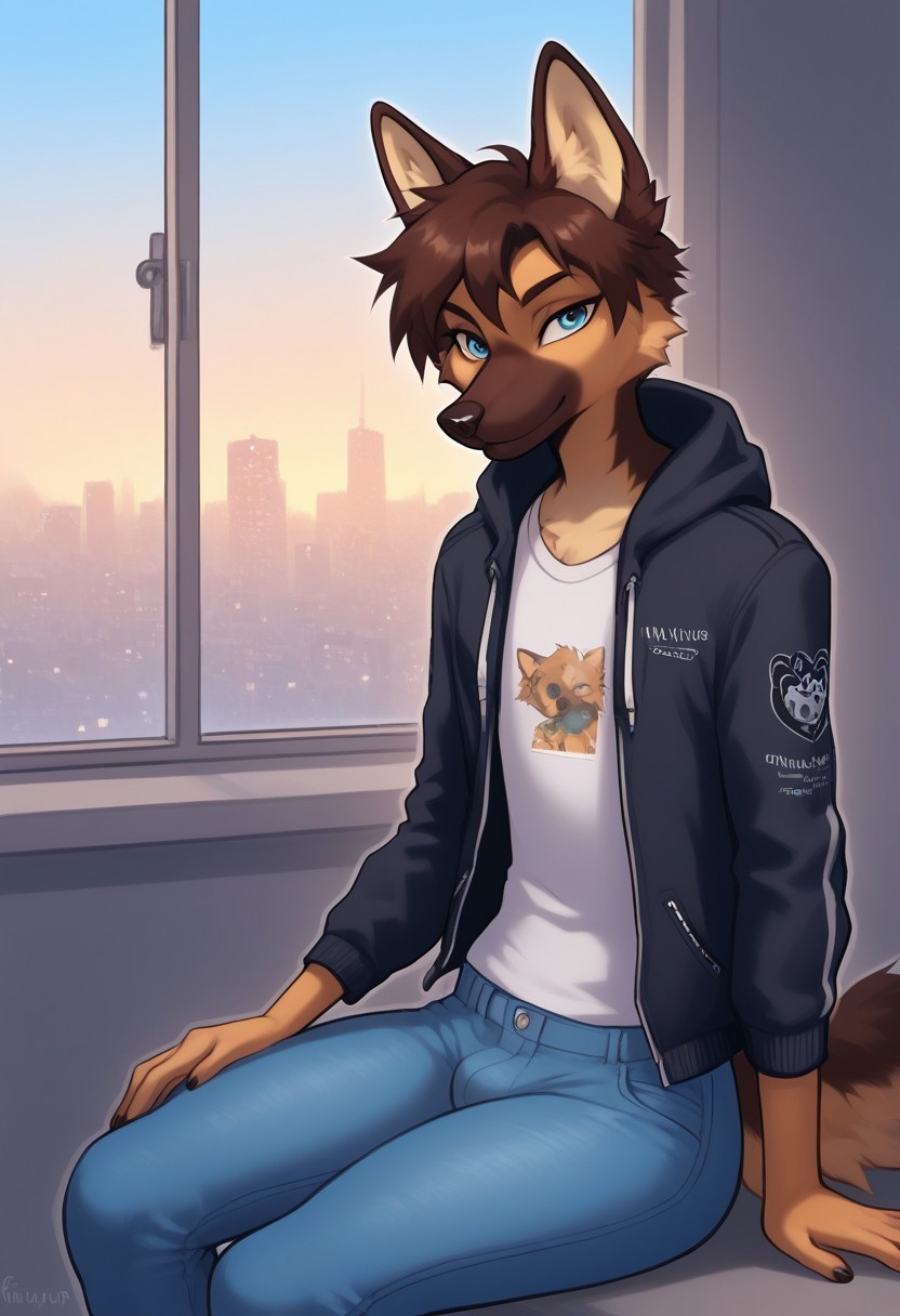 (easynegative 1)  boy, german shepherd, anthro, furry, jacket, femboy, jeans, looking at viewer, sitting, solo, focus, window,