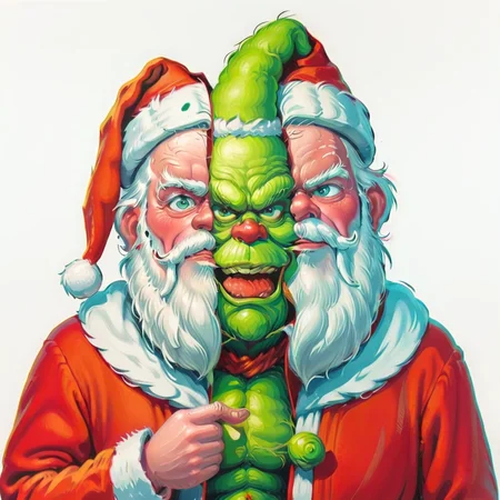 <lora:split2:1>, split head and body, (split Santa Claus:1.2), inside Grinch, white background