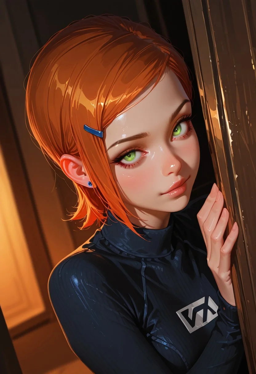 very detailed, flat color, no lineart, Vibrant Contrast, gradient colors, particle effect, (fine fabric emphasis:1.2), (((masterpiece, amazing quality, best quality, ultra-detailed, 8K, illustration, amazing quality, newest, absurdres, realistic))), highres, very aesthetic, absurd res, hi res, very awa, dynamic angle, refined, volumetric lighting, cinematic lighting, blurry background, vivid colors, ((source_realistic:1.6)), hyper detailed, (dynamic pose:1.4), depth of field, photorealistic colors,
perfect anatomy, detailed face, detailed hair,
1girl, slim, fit, realistic, beautiful eyes, gwen tennyson (/Ben10)/,(ultra HD quality details), bright orange hair, short hair, (green eyes), mouth opened, hiding,
peeking out, upper body, hiding behind wall