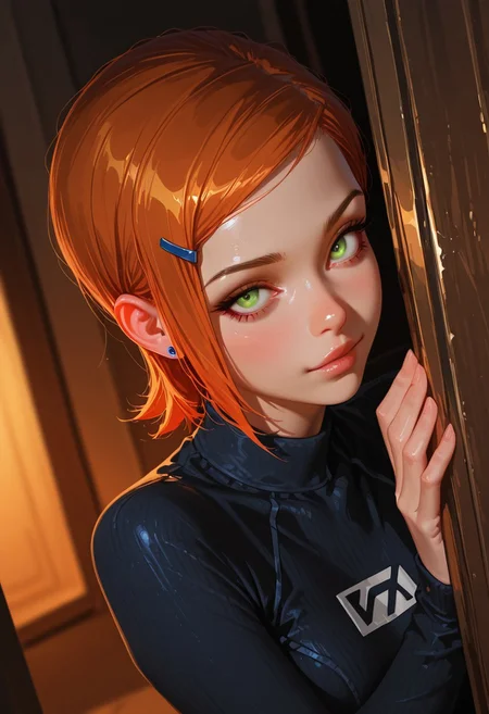 very detailed, flat color, no lineart, Vibrant Contrast, gradient colors, particle effect, (fine fabric emphasis:1.2), (((masterpiece, amazing quality, best quality, ultra-detailed, 8K, illustration, amazing quality, newest, absurdres, realistic))), highres, very aesthetic, absurd res, hi res, very awa, dynamic angle, refined, volumetric lighting, cinematic lighting, blurry background, vivid colors, ((source_realistic:1.6)), hyper detailed, (dynamic pose:1.4), depth of field, photorealistic colors,
perfect anatomy, detailed face, detailed hair,
1girl, slim, fit, realistic, beautiful eyes, gwen tennyson (/Ben10)/,(ultra HD quality details), bright orange hair, short hair, (green eyes), mouth opened, hiding,
peeking out, upper body, hiding behind wall