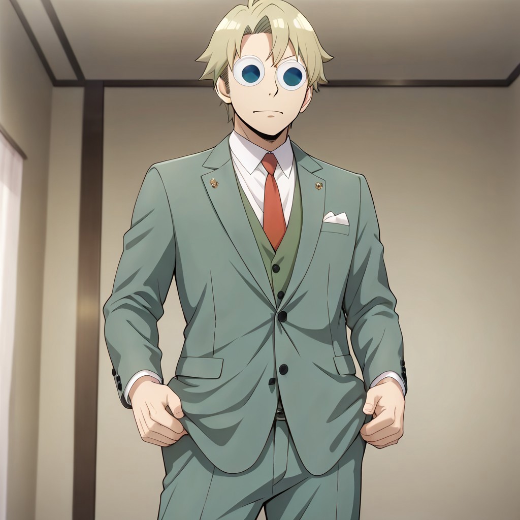 masterpiece, best quality, newest, absurdres, highres, anime, anime style, GUGIL-V1.0, googly eyes, 1boy, loid forger (spy_x_family), blonde, blue eyes, green suit,