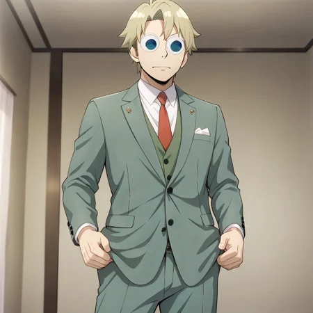 masterpiece, best quality, newest, absurdres, highres, anime, anime style, GUGIL-V1.0, googly eyes, 1boy, loid forger (spy_x_family), blonde, blue eyes, green suit,