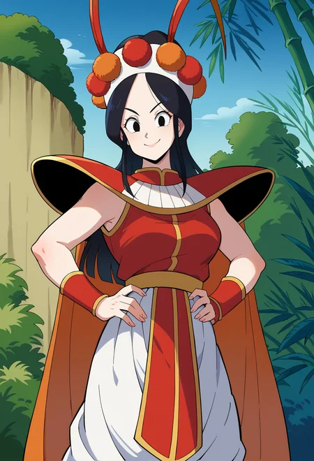 score_9,score_8_up,score_7_up,score_6_up, BREAK annin, 1girl, solo,upper body,thin mountain, black hair, black eyes, medium breasts, red vest, white skirt, red shoulder armor, white headband, pom pom \(clothes\), red bracer,fake antennae,red cape, hands on own hips, (from below:0.6,from side:0.7), mount paozu,nature,cliff, bamboo, bush,blue sky,smug,closed mouth,smile,red pelvic curtain,grabbing own hips,orange antennae,looking at viewer, <lora:MountPaozuPony:1> <lora:AnninPony:1>