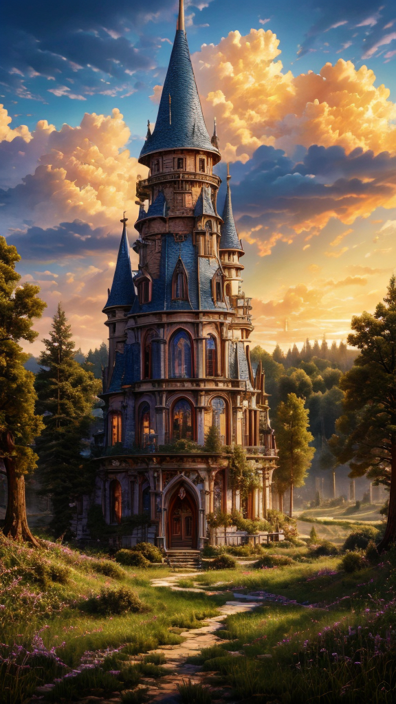 Anime, Masterwork, Magnum Opus, 
 <lora:Wizard_Tower:0.75> witow, castle, cloud, cloudy sky, grass, no humans, scenery, sky, tower, tree, <lora:Fantasy_Mountains:0.75> fanmou, footprints, forest, grass, nature, no humans, outdoors, sky, tree,
  highres, 8k, uhd, High Dynamic Range, tonemapping, crisp details,  intricate details, fine details