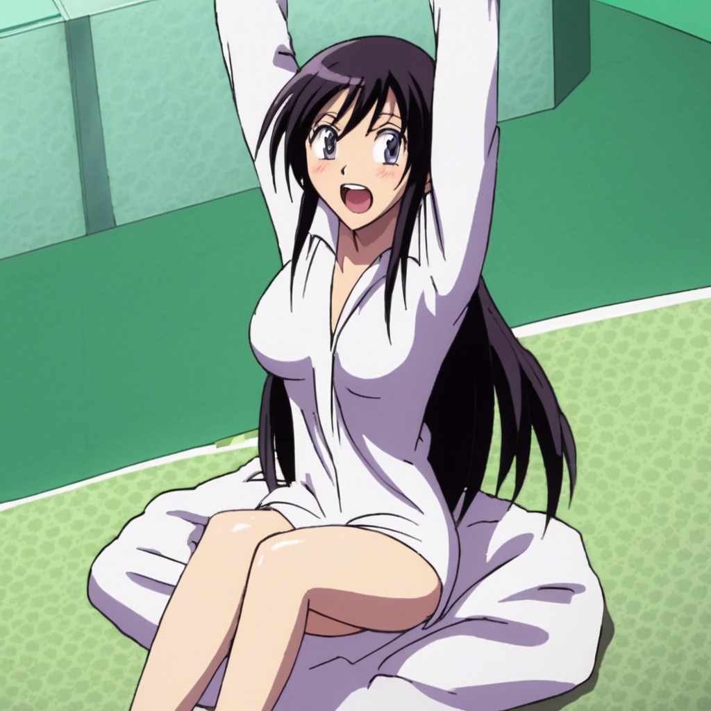Kyouko Sonan , safe , sitting , breasts , arms up , night dress , smiling , mouth open , long hair , full-body , sexy legs