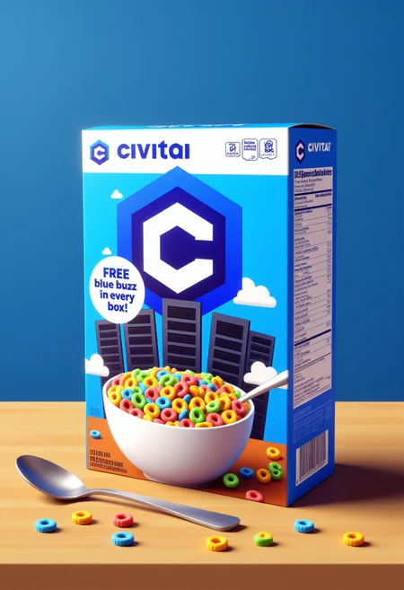 This is a high-resolution digital artwork featuring a cereal box of "Civitai" cereal by JustMaier. The box is predominantly blue with a civitaiLogo as the focus and the word "Civitai Cereal" in bold, playful letters. The background of the box features a whimsical illustration of computer servers, which is the central focus. There is a circle on the box with the text "Free blue buzz in every box!"
The cereal box also features a vibrant, colorful illustration of computer chips floating around the servers. The bowl and spoon are depicted in the lower right corner of the box, with the spoon resting in the bowl and cereal scattered around it on a wooden surface.
The nutritional information and ingredients are listed on the right side of the box, in a white and blue section. The box is placed on a wooden table, which adds a warm, natural element to the scene. The background of the image is a simple, gradient blue, allowing the colorful cereal box to stand out.
   <lora:Cereal_Creator_FLUX-000013:0.8>   <lora:civitaiLogoFlux:1>