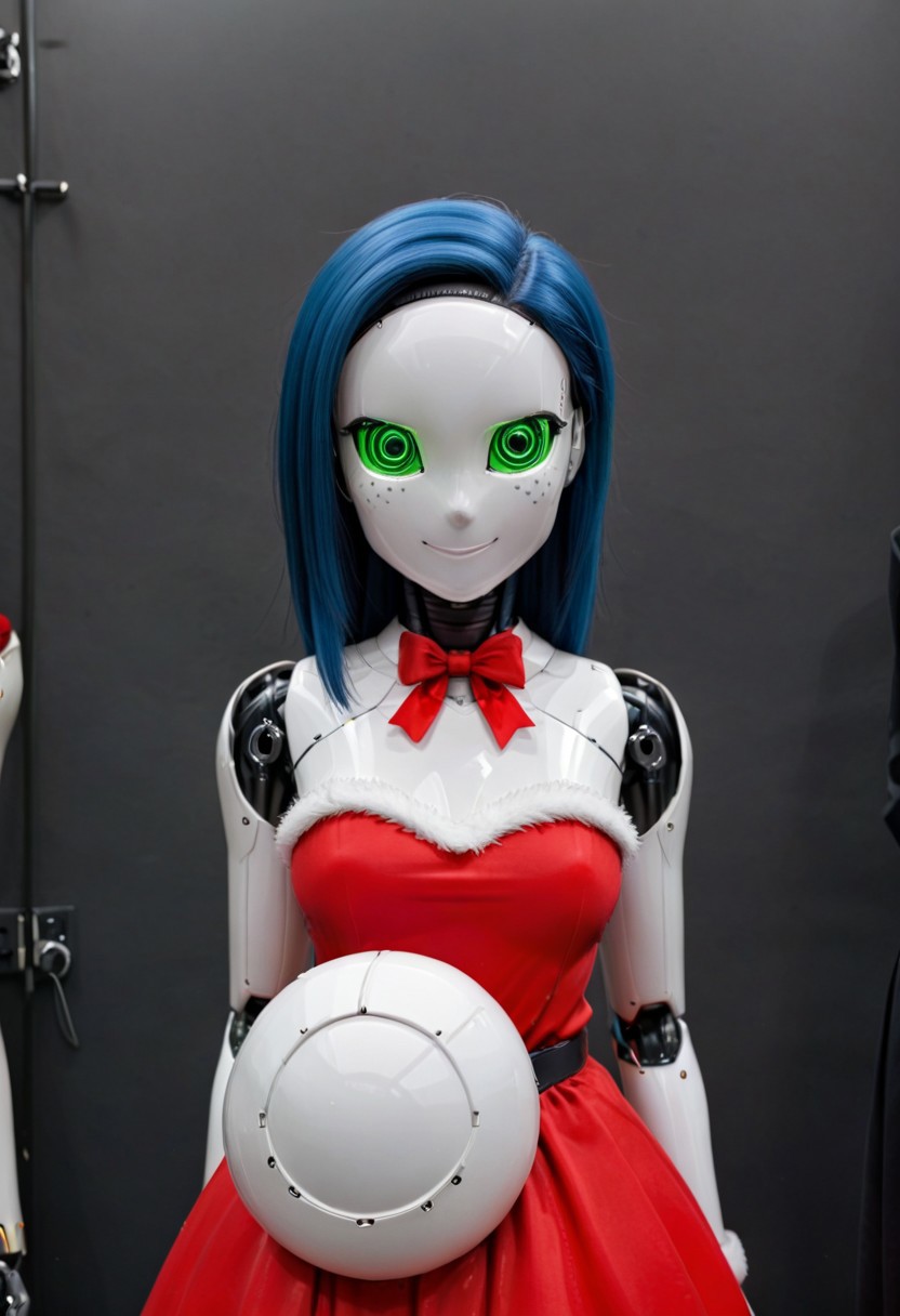 A 35mm photo a woman, she is a humanoid robots , robotic body, vibrant green robotic eyes, freckles, smooth featureless silver grey robotic skin, robotic aerials, metallic dark blue hair, elegant red Christmas satin dress with white fur trim, 
mannequin, faceless, egghead, noface, cyborg, TheFaceLess, Zorii-pxl, Zorii Bliss, faceless