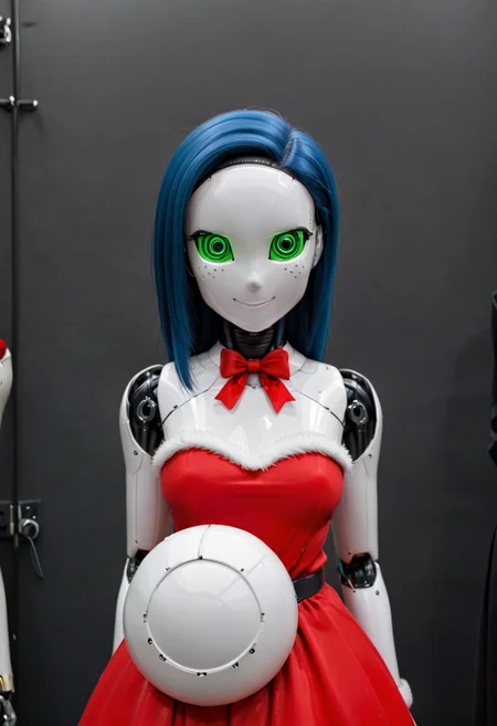 A 35mm photo a woman, she is a humanoid robots , robotic body, vibrant green robotic eyes, freckles, smooth featureless silver grey robotic skin, robotic aerials, metallic dark blue hair, elegant red Christmas satin dress with white fur trim,
mannequin, faceless, egghead, noface, cyborg, TheFaceLess, Zorii-pxl, Zorii Bliss, faceless