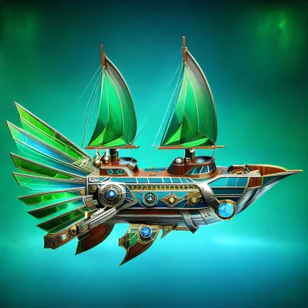lumenarium, flying ship at space, big green sail like solar panels, stary sky, aether nebulas, realistic, wooden hull with metal elements, blue glowing energy sail:3 , silver metal, guns on board, hight tech, steampunk, wings like solar panels, tpship, metal plates, wooden boards, side view, ais-artdeco