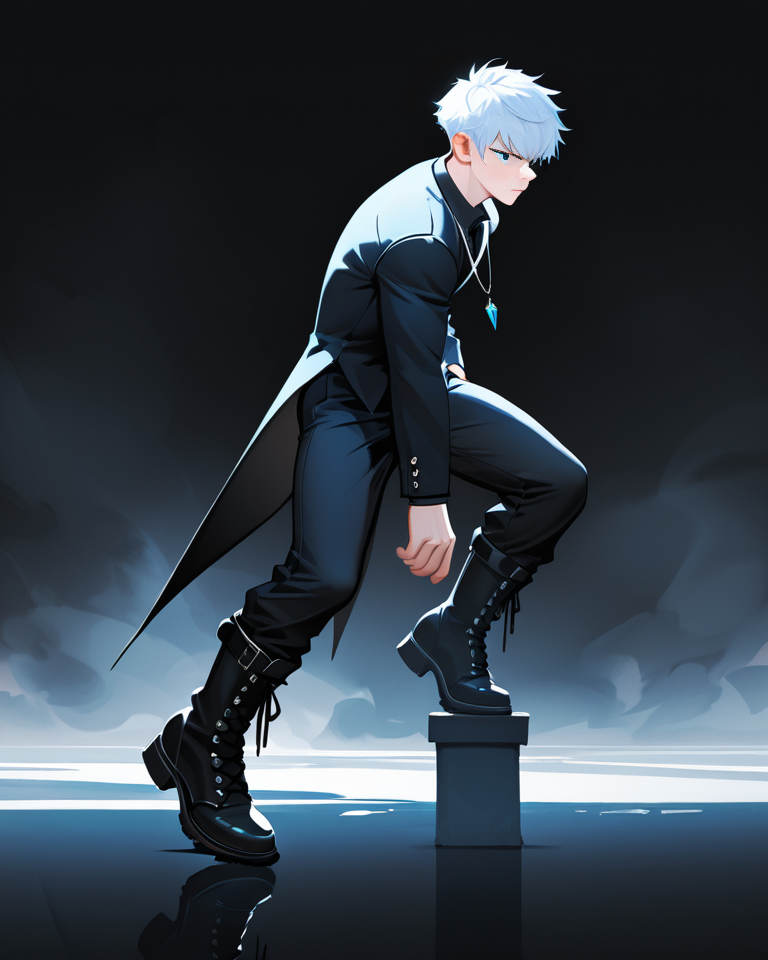 masterpiece, best quality, amazing quality, very aesthetic, absurdres, newest, 1boy, male focus, 21 years  old,  full body, head to toe, dynamic pose, blue eyes, eyeshd, tailcoat, long pants, knee high lace up boots, necklace, highly detailed eyes, from the side,  confident, serious, abstract background, dark, light, fog, masterpiece, best quality, amazing quality, very aesthetic, absurdres, newest, volumetric lighting,
 freckles, muscular, no-lineart style, big eye background,
breeze style
<lora:Bree_Style_Hv2:0.6>