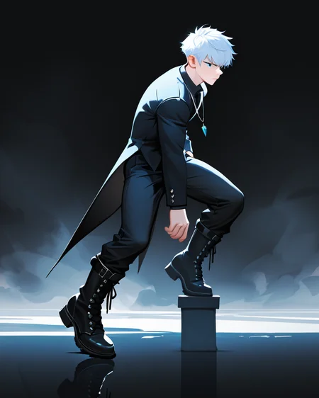 masterpiece, best quality, amazing quality, very aesthetic, absurdres, newest, 1boy, male focus, 21 years  old,  full body, head to toe, dynamic pose, blue eyes, eyeshd, tailcoat, long pants, knee high lace up boots, necklace, highly detailed eyes, from the side,  confident, serious, abstract background, dark, light, fog, masterpiece, best quality, amazing quality, very aesthetic, absurdres, newest, volumetric lighting,
 freckles, muscular, no-lineart style, big eye background,
breeze style
<lora:Bree_Style_Hv2:0.6>