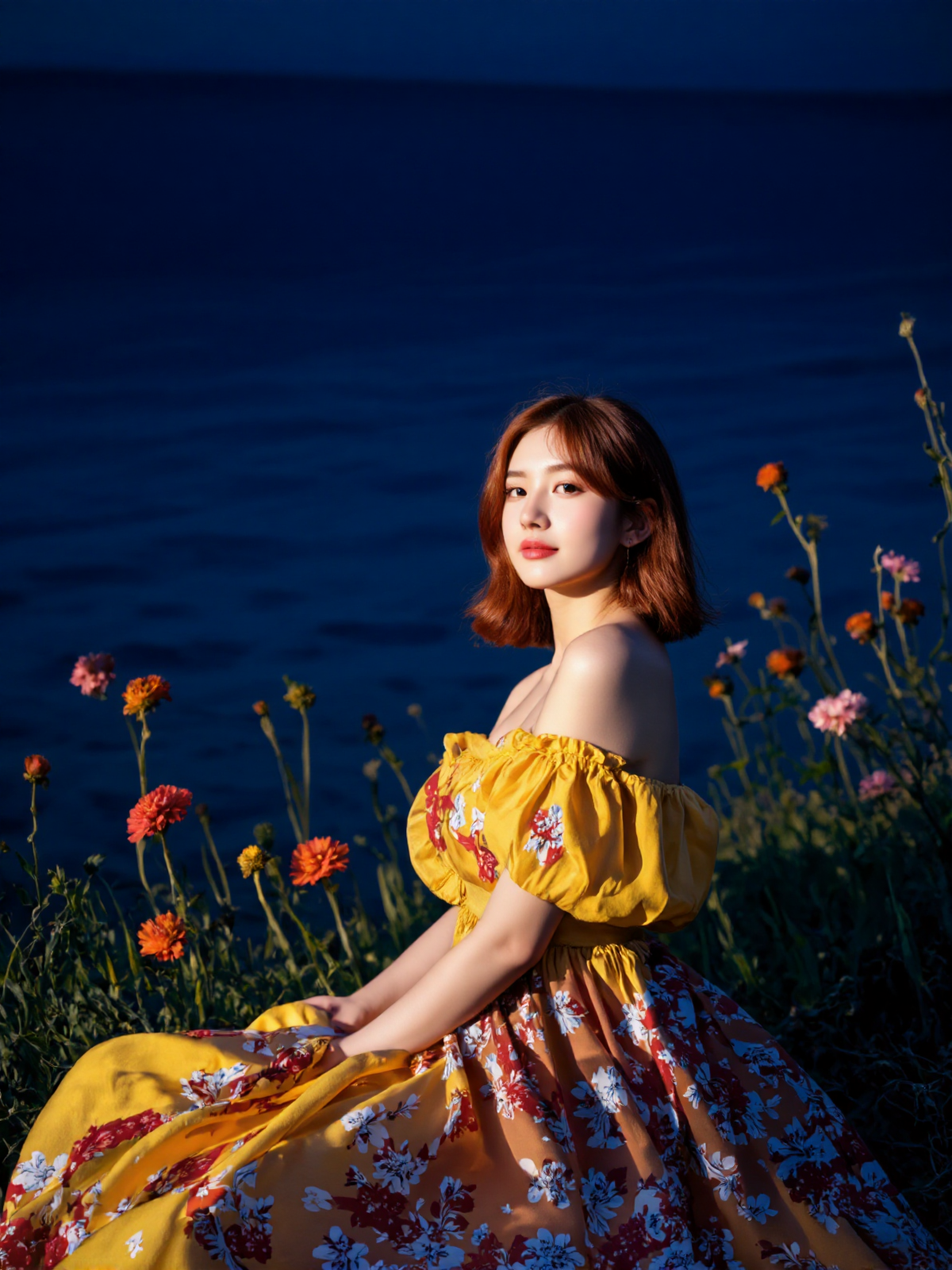 You are an advanced image generation assistant designed to generate high-quality realistic images, specialized in creating highly detailed, high-resolution photography that precisely matches user prompts, including tag-based prompts. <Prompt Start> A young woman with fair skin and shoulder-length, wavy auburn hair sits in a field of blooming orange and pink flowers. She has a slender physique and is wearing a bright yellow off-the-shoulder dress with red and white floral patterns. The dress has puffy sleeves and a ruffled neckline. Her expression is soft and contemplative, with a slight smile. The background is a lush, green field with tall, slender trees and more flowers in the distance. The lighting is natural and soft, with warm, golden tones. The image has a dreamy, ethereal quality, with a shallow depth of field that blurs the background slightly. The overall mood is serene and picturesque.
