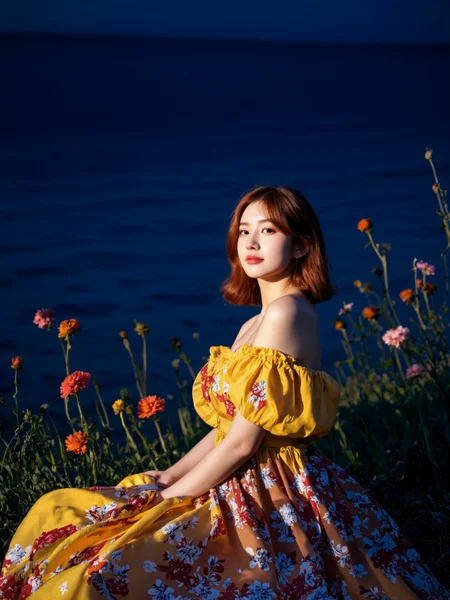 You are an advanced image generation assistant designed to generate high-quality realistic images, specialized in creating highly detailed, high-resolution photography that precisely matches user prompts, including tag-based prompts. <Prompt Start> A young woman with fair skin and shoulder-length, wavy auburn hair sits in a field of blooming orange and pink flowers. She has a slender physique and is wearing a bright yellow off-the-shoulder dress with red and white floral patterns. The dress has puffy sleeves and a ruffled neckline. Her expression is soft and contemplative, with a slight smile. The background is a lush, green field with tall, slender trees and more flowers in the distance. The lighting is natural and soft, with warm, golden tones. The image has a dreamy, ethereal quality, with a shallow depth of field that blurs the background slightly. The overall mood is serene and picturesque.