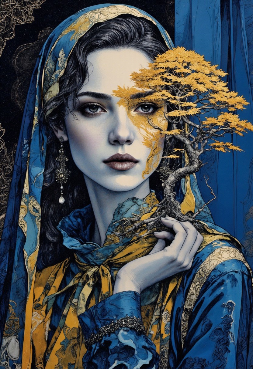 A mesmerizing, hyper-detailed portrait of a woman in striking high-contrast blue and gold tones. Her porcelain skin glows under ethereal lighting, framed by cascading golden silk and deep blue shadows. One of her eyes has transformed into an intricate bonsai tree, its delicate branches twisting with luminous golden leaves, blending seamlessly into her face. The interplay of surrealism and elegance creates a hauntingly beautiful, avant-garde fashion aesthetic. Dramatic lighting and a bold, minimalistic background enhance the intensity, evoking a dreamlike, otherworldly presence. Ultra-sharp details, cinematic depth, and luxurious textures complete the composition