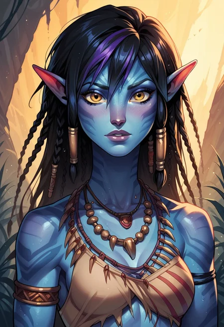 masterpiece, best quality, absurdres,score_9_up score_8_up score_7_up, 1girl, alien, black hair, blue skin, colored skin, dreadlocks, long hair, multiple braids, necklace, gogo tomago from big hero 6, pointy ears, tribal, yellow eyes