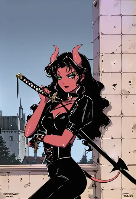 1girl, pretty face, red skin, green eyes, makeup, thick eyeliner, gothic attire, medium sized breasts, tattoos, devil horns, devil tail, holding a katanna sword, standing on a roof top, under moonlight, extra long black wavy hair , masterpiece, high quality, Text "Coven",