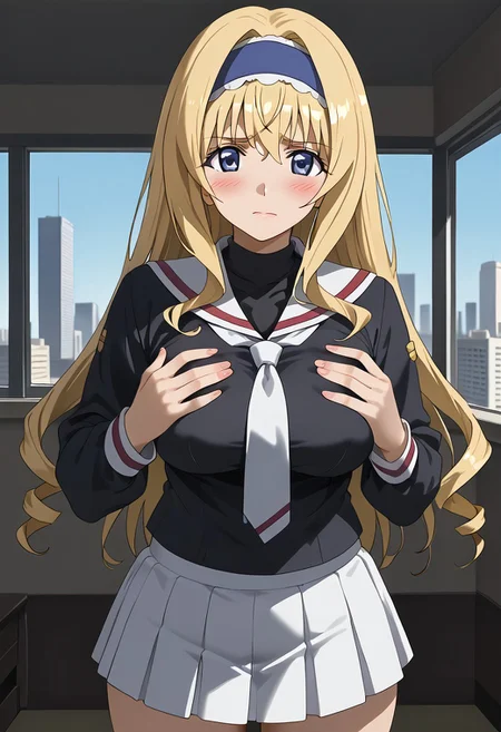 score_9, score_8_up, score_7_up, score_6_up, score_5_up, score_4_up, epic-Ultra-HD-details, epic-Ultra-HD-highlights, 2.5D-upscaled-resolution, source_anime, digital-quality, semi-realism, physically-realistic, lit, cutesie,
afrobullstyle,
BREAK source_anime, anime, best quality, masterpiece, rating_safe, uncensored, High quality, 8k, Ultra,
BREAK (4partment,indoors, window, scenery, cityscape),
BREAK 1girl, cecilia,
black serafuku, white necktie, white sailor collar, white skirt, mini skirt,
BREAK ((cowboy shot)),(standing),(from front),(((from front))),
busty breasts,(((large breasts:1.2))), (thick thighs,:1,2),
looking at viewer,embarrassed,erect nipples,
hand on own breast,