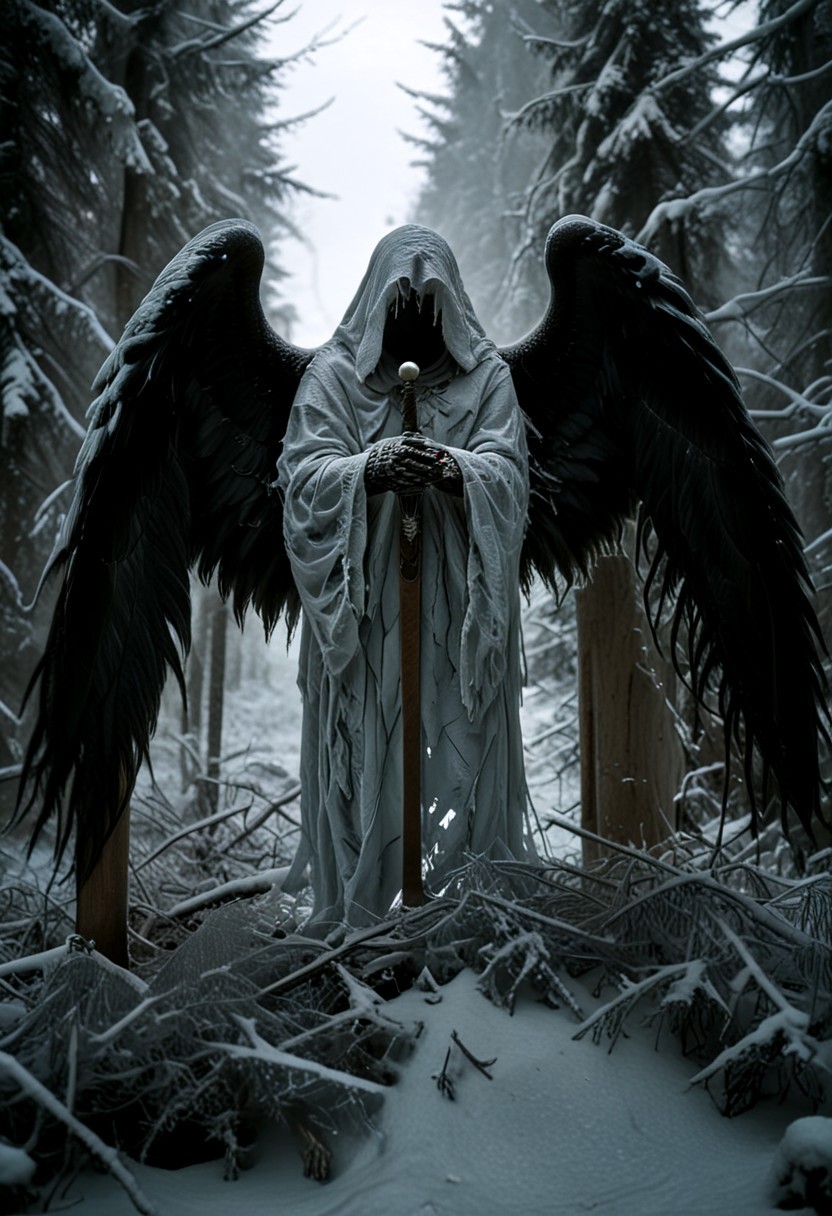 Silent death angel stands facing upcoming dark, sharp lines, extra arms, spreading his wings, detailed armor, extreamly detailed sword, detailed backgrounds, Winter forest, dense forest,starry sky, digital artwork by Beksinski, grainy, masterpiece, extremely detailed, lx, 32k, uhd, dark, low-key, in the style of Kelly Slate, vntblk, dark, digital artwork by Beksinski, ugly, terrible, detailxl, drkms, UHD, 8k, F2.8, RAW Photo, ultra detailed, sharp focus, clear (Style-EMCG:1.5), <lora:aidma-Image Upgrader-v0.1:1>