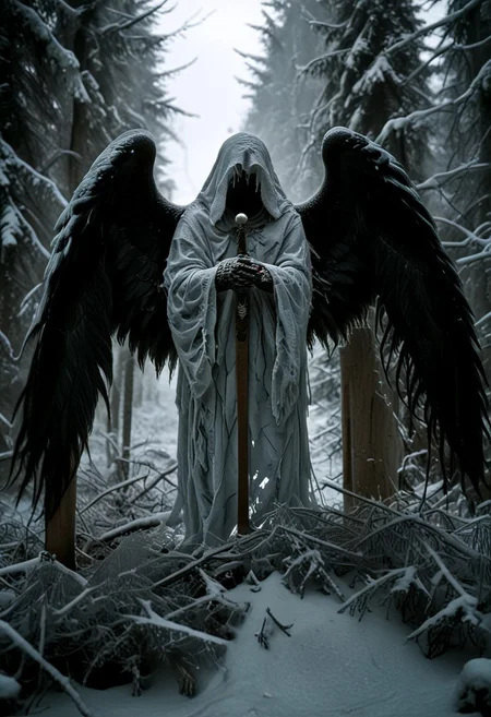 Silent death angel stands facing upcoming dark, sharp lines, extra arms, spreading his wings, detailed armor, extreamly detailed sword, detailed backgrounds, Winter forest, dense forest,starry sky, digital artwork by Beksinski, grainy, masterpiece, extremely detailed, lx, 32k, uhd, dark, low-key, in the style of Kelly Slate, vntblk, dark, digital artwork by Beksinski, ugly, terrible, detailxl, drkms, UHD, 8k, F2.8, RAW Photo, ultra detailed, sharp focus, clear (Style-EMCG:1.5), <lora:aidma-Image Upgrader-v0.1:1>