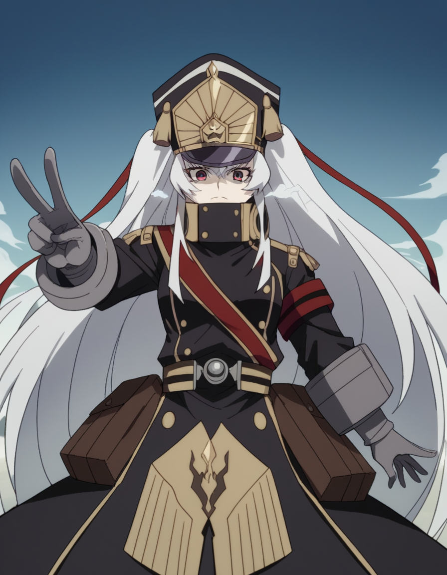 score_9, score_8_up, score_7_up, source_anime, <lora:recreators-altair-s1-ponyxl-lora-nochekaiser:1>, altair, long hair, red eyes, very long hair, white hair, medium breasts,, gloves, hat, uniform, military, military uniform, shako cap,, snow day, winter clothes, snowball fight, laughter, cold breath, white landscape, , v, v over eyes,, looking at viewer, solo,, dutch angle, cowboy shot