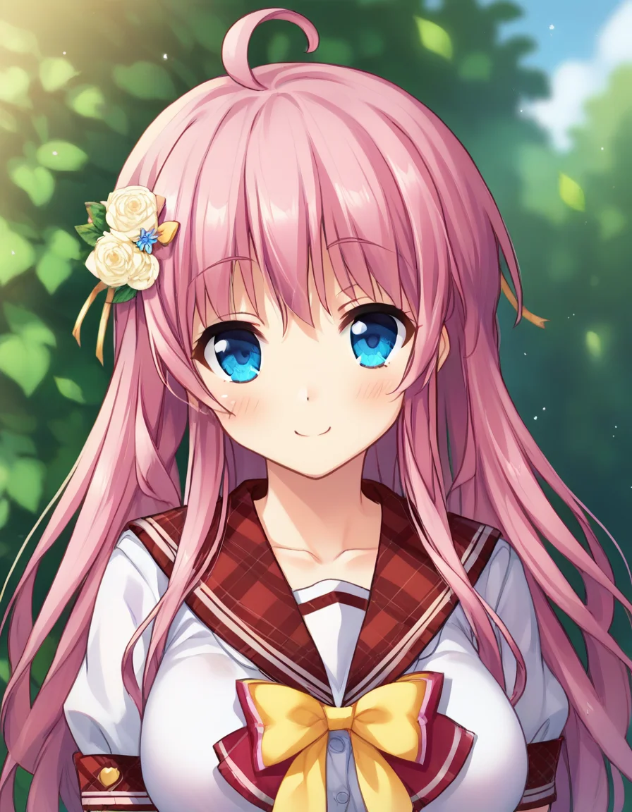 score_9,score_8_up,score_7_up,score_6_up BREAK official art,solo,outdoors,upper body,(portrait:1.5),looking at viewer,facing viewer,smile,blush,Nanase Momoka,ahoge,long hair,pink hair,hair flower,hair ornament,sidelocks,bangs,blue eyes,red sailor collar,plaid sailor collar,pink bow,yellow ribbon,white shirt,short sleeves,large breasts,red skirt,plaid skirt,frilled thighhighs,white thighhighs,loafers,<lora:Nanase Momoka(ip2)-Pony:1.4>,