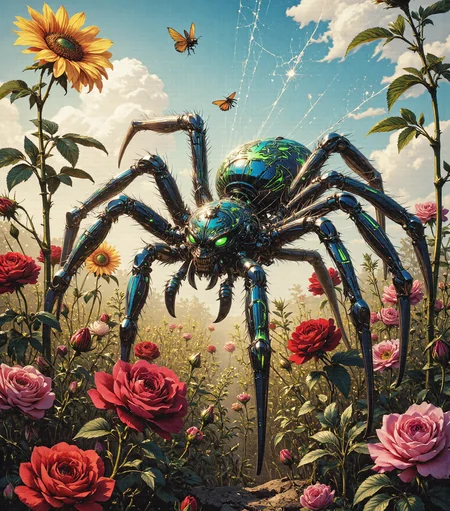 A breathtaking and hauntingly beautiful **cybernetic spider**, its **bright, matte cobalt blue body richly saturated and velvety in texture**, moves gracefully through a dense bed of blooming flowers, dominated by **blood-red roses, golden sunflowers, and sprawling emerald-green foliage.** Unlike a synthetic machine, the spider’s **surface is completely matte, absorbing sunlight rather than reflecting it**, making its **color appear even deeper and more vibrant in the daylight.**
Intricate **neon green markings** cover its legs and abdomen in bold, natural streaks—**sharp, vivid, and eye-catching, yet without any artificial glow.** The markings resemble **evolved camouflage or organic patterns**, adding an almost mystical quality to the creature, as though it belongs to an undiscovered species thriving in this floral paradise.
The **spider’s eight deep-green eyes**, non-reflective but rich with color, move carefully as it observes the world around it. Each movement of its **long, gracefully curved legs** is precise and effortless, pressing gently against the delicate petals beneath it. Its presence is both **striking and strangely serene**, blending seamlessly with its vibrant surroundings.
The **background is bathed in brilliant daylight, with a clear blue sky stretching infinitely overhead.** Soft, **fluffy white clouds drift lazily across the horizon**, casting occasional dappled shadows over the landscape. The golden sunlight pours down, illuminating the **lush green leaves and the velvety petals of the surrounding flowers, enhancing their deep, natural hues.** The warm, fresh air is thick with the **scent of blooming roses and wildflowers, carried by a soft, occasional breeze.**
The flowers around the spider are **wild and abundant**, their petals unfolding in rich, vibrant shades of **scarlet, yellow, and violet.** **Bees and butterflies flit between the blossoms, their wings catching the sunlight in dazzling patterns.** Some flowers seem **larger than life**, as if nourished by something more potent than nature alone, their petals spreading open like delicate silk against the wind.
Suspended between the thorned stems are **intricately woven spiderwebs, glistening faintly in the sunlight.** Unlike artificial or synthetic strands, these webs are **completely organic, thick but symmetrical, spun with masterful precision.** The spider moves methodically, **adjusting the strands with careful efficiency, as if it is not just weaving a trap but crafting an intricate, hidden masterpiece.**
The **sun shines warmly**, casting soft, **golden highlights across the spider’s cobalt blue body, making its neon green markings stand out even more vividly.** The **light filters through the petals, creating a glowing tapestry of natural color**, painting the world in a **brilliant blend of warmth and beauty.** The contrast between the **intense matte blue of the spider and the sun-drenched landscape** is both **stunning and surreal, a rare and extraordinary sight beneath the endless sky.**
Rendered in **hyperrealistic digital art**, every **texture, surface, and color is captured in breathtaking detail**, emphasizing the contrast between the **spider’s bold, otherworldly coloration and the lush vibrance of its natural surroundings.** The absence of artificial lighting or exaggerated effects ensures the scene feels **realistic yet mesmerizing, as though this creature truly exists in a world where the extraordinary blends seamlessly with the ordinary.**
A perfect fusion of **natural wonder and surreal beauty**, where **a creature both vibrant and haunting moves silently through a world of vivid sunlight and endless bloom**, beneath the warm embrace of the **daylit sky.**
Art in the style of Yomu_Yakadashi, black widow, G0thicL1nes, bontanica, modernretroanime, cybernetic-spider, dreamscape7X, Jedcyb3r, Jedspl4tt,