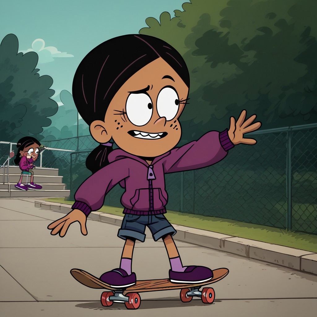 score_9, score_8_up, score_7_up, score_6_up, 1girl,solo,best quality,4k,
dark tan skin, black hair worn in a low ponytail, freckles on her cheeks, two buck teeth,show accurate, perfect anatomy, four fingers,
purple hooded jacket, dark blue jean shorts, and dark purple flats with light pink socks,
skateboarding, public park,