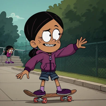 score_9, score_8_up, score_7_up, score_6_up, 1girl,solo,best quality,4k,
dark tan skin, black hair worn in a low ponytail, freckles on her cheeks, two buck teeth,show accurate, perfect anatomy, four fingers,
purple hooded jacket, dark blue jean shorts, and dark purple flats with light pink socks,
skateboarding, public park,