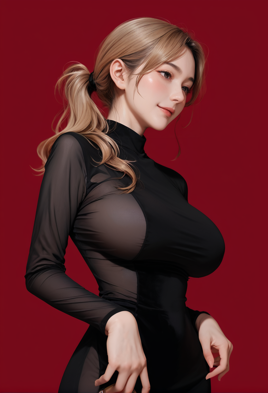 1girl,red background,,ruanyi0926,black dress,long sleeves,side perspective,
cowboy shot,<lora:0926 Home wear 7_v1_pony:1>, score_9, score_8_up, score_7_up, score_6_up, score_9, score_8_up, score_7_up, score_6_up source_anime, blush, 1girl, seduce smile, perfect body , natural huge breasts