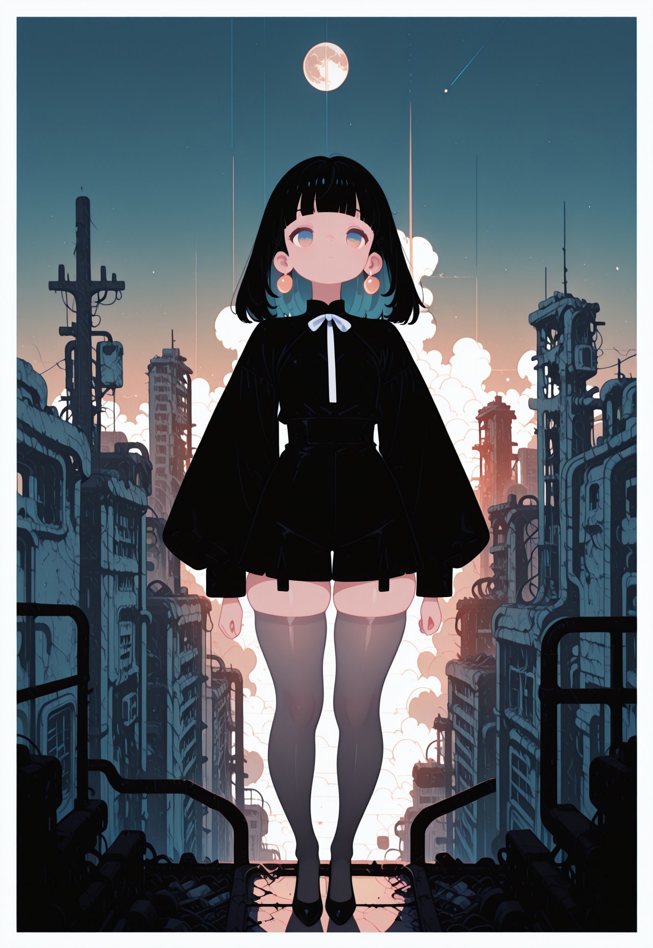 masterpiece, best quality,
((cinematic lighting, dynamic lighting)) ,
((full body shot, close up)),
midnight, shadowy,

1girl,

(from above),

medium hair , blunt bangs ,

ultra detailed eyes, (flat chest), [[[abs]]],

sister outfit,
pumps, translucent grey tights ,

skindentation, ((chubby thick legs)),
sister outfit,

BREAK
simple gradient turquoise background with thick white border,
abandoned asian city background, symmetric clouds, moon in sky,
fl4t, flat color,