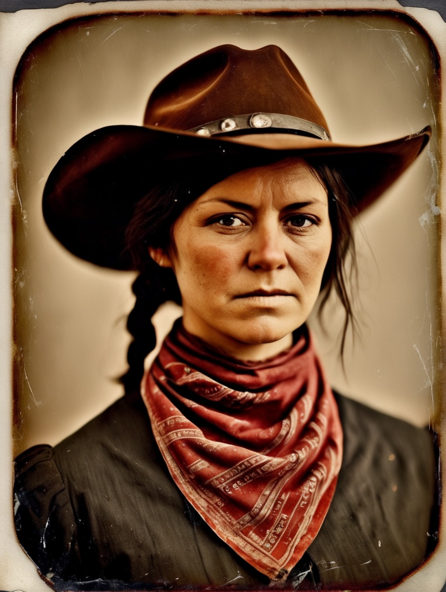 vintage photo of outlaw cowgirl, bandana mask, Red Dead Redemption 2 "wanted" poster, from the side, simple background,
damagedphoto, foggy, tape, heavy damage, torn, crease, scratches, smudges, fingerprints, mottled, liquid stain, streak, vignette, black shape, speckles,  fade, blur, border,  corners, edges
<lora:fix_hands:3>
<lora:FunkyLensXL:3>
<lora:PhotoDetailXL:2>
<lora:PerfectEyesXL:1>
<lora:Damaged_Photos_daguerreotype_V1_SDXLBase:1>