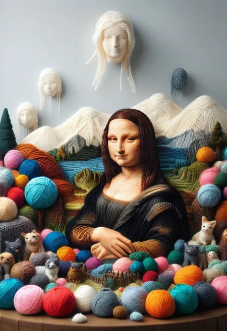 yrnwrld, made of yarn, high quality,masterpiece,absurdres,incredible composition,extremely detailed, Mona Lisa