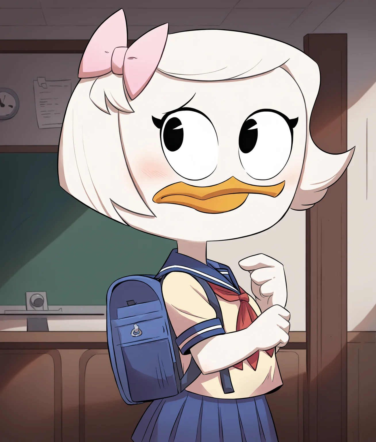 score_9, score_8_up, score_7_up, score_6_up, best quality, highres, source_furry indoors, ceiling, school, 1girl, female, solo, by cubedcoconut, (short, young:1.2), white body, (school_uniform, serafuku:1.3) white hair, short hair, beak, duck, webby vanderquack, backpack, hairclip, black eyes <lora:Webby_Vanderquack:0.8> <lora:Cubedcoconut_Style:1>