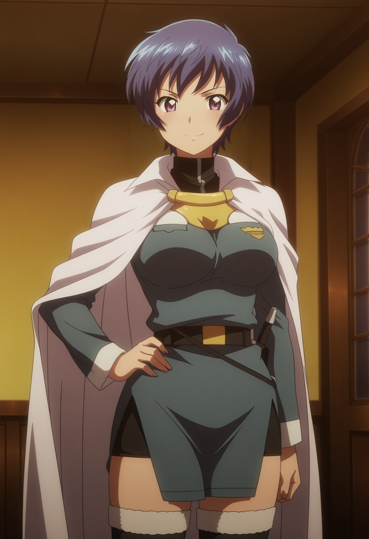 1girl,solo,Michelle,blue hair,short hair,purple eyes,large breasts,anime coloring,
,uniform,cape,thighhighs,looking at viewer, hand on own hip, smile,indoors
,masterpiece,best quality,amazing quality,<lora:Michelle-Zero_no_Tsukaima_ix:0.8>