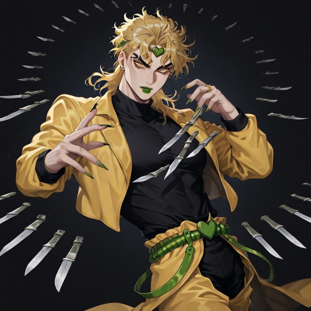 masterpiece, best quality, newest, absurdres, highres, 
anime, anime style, 
1boy, dio brando \(jojo no kimyou na bouken\), blonde, green lipstick, long fingernails, green lips, jewelry, yellow eyes, yellow jacket, black shirt,
KFV1.0, knife, throwing, throw, throwing knife, 
multiple knives, holding, holding knife, weapon, holding weapon, 
knives between fingers,