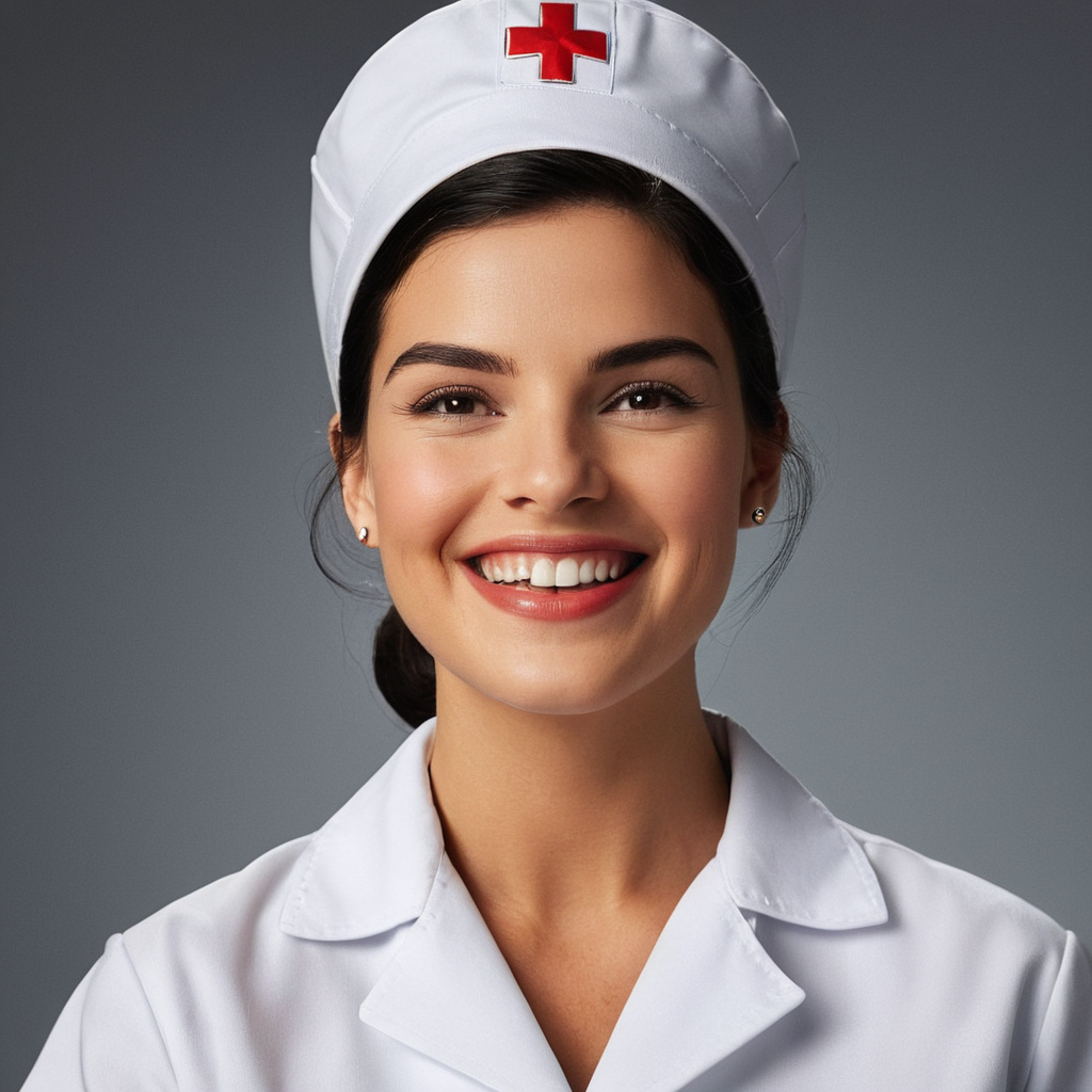 cinematic film still of  <lora:Sharp detailed high quality image style v1:1>
A perfect photo of a woman in a white nurse uniform is smiling,1girl,solo,looking at viewer,smile,short hair,open mouth,shirt,black hair,hat,brown eyes,jewelry,white shirt,upper body,earrings,teeth,grey background,realistic,nurse cap,nurse , detailed face, detailed body, detailed hands, detailed eyes, detailed nose, detailed ears, detailed hair, detailed, perfection, detailed teeth, detailed skin texture, wrinkly, detailed fingers, detailed mouth, beauty, realism, real, detailed hair, detailed pores, detailed background, sharp image, detailed lips, different race, different color, different haircut, different skin tone, different, different people, different pose, perfection style, shallow depth of field, vignette, highly detailed, high budget, bokeh, cinemascope, moody, epic, gorgeous, film grain, grainy