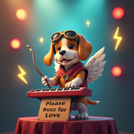 A cute beagle playing the keyboard up on a high pedestal, wearing a cupid outfit, aviators, wearing a quiver, stage lights and floating lightning symbols, floating lightning bolt icons, photorealistic, a cardboard sign that says "Please Buzz for Love", colourful, epic, cinematic shot,