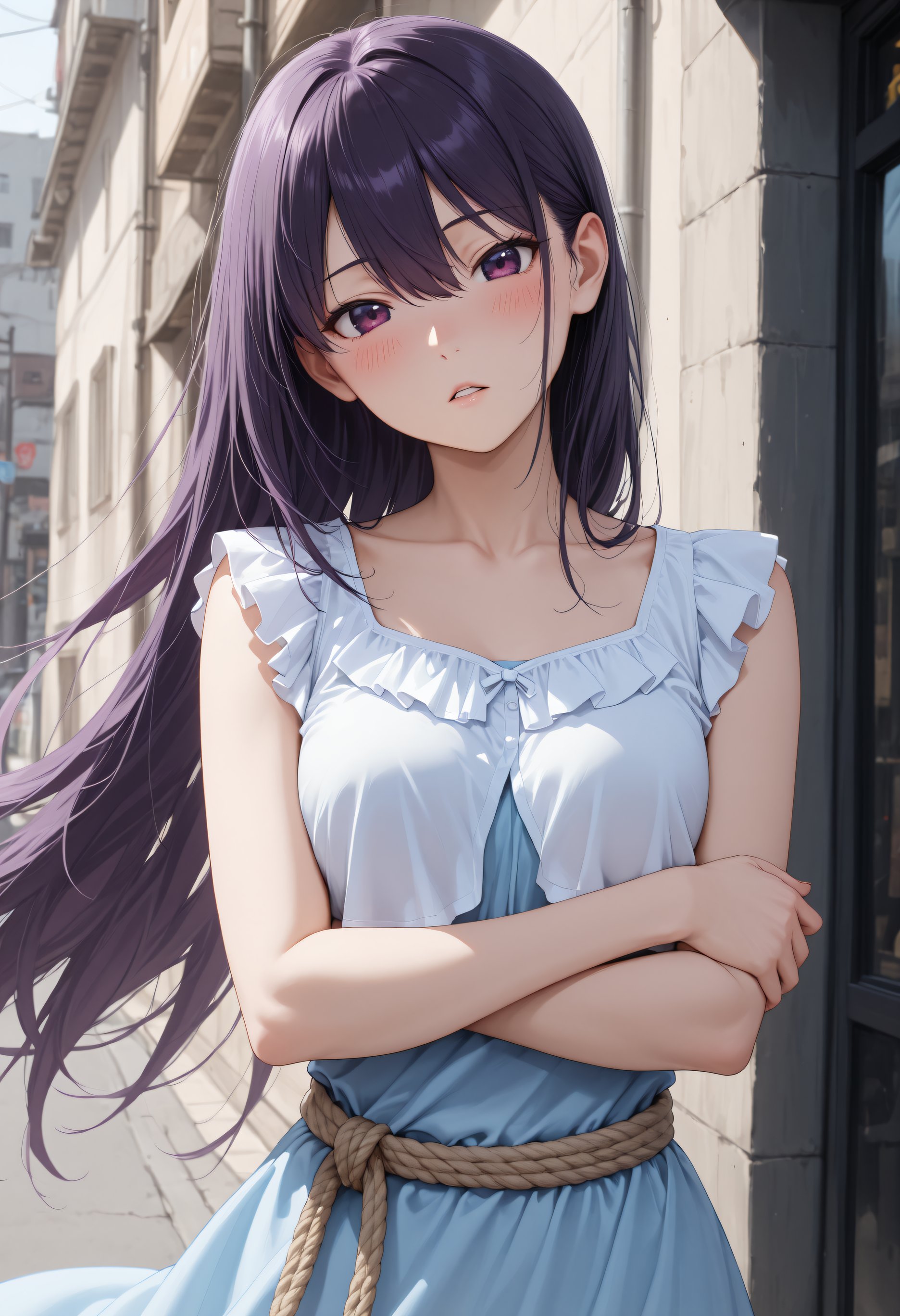 <lora:Char_SakakiYumiko:1>, hair between eyes, purple hair, long hair, purple eyes, straight hair, hair behind ear,
Yum1R0b3, collarbone, long dress, light blue dress, sleeveless, waist rope, rope belt, white shirt, frilled shirt, cropped shirt, dress under shirt,
street, crossed arms, facing viewer, looking at viewer, blush, head tilt, wind, parted lips, very awa, masterpiece, best quality, highres, absurdres